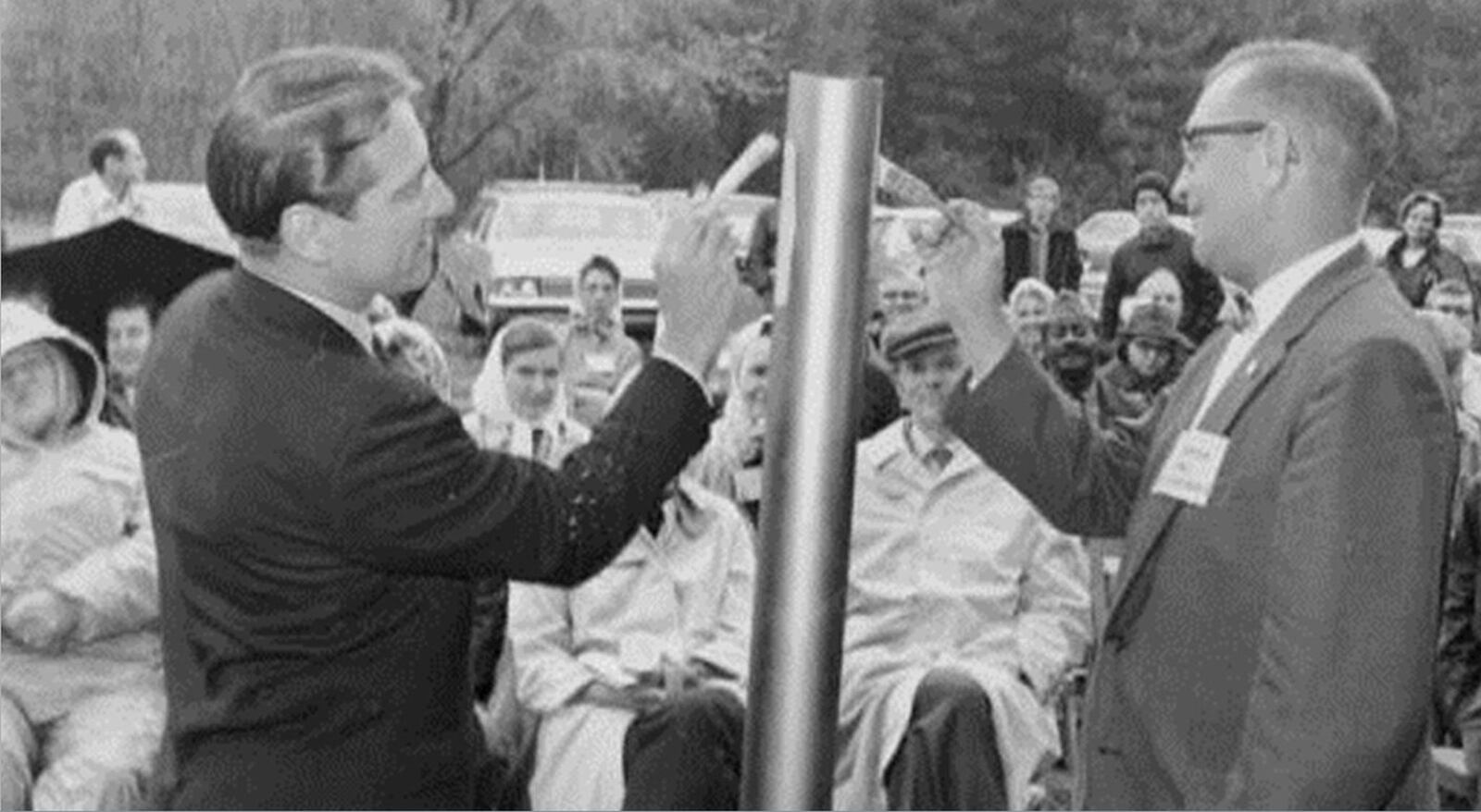 State Sens. Ralph Regula and Harry Armstrong paint a golden blaze on a post at a dedication ceremony for the Buckeye Trail at Mogadore Reservoir Trail in Portage County on Oct. 10, 1970. It marked the completion of the then 500-mile trail. CONTRIBUTED