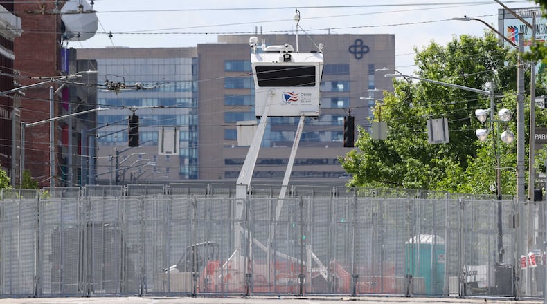 A Watchtower on Jefferson street overlooks the NATO village in downtown Dayton, Friday, May 23, 2025. BRYANT BILLING/STAFF