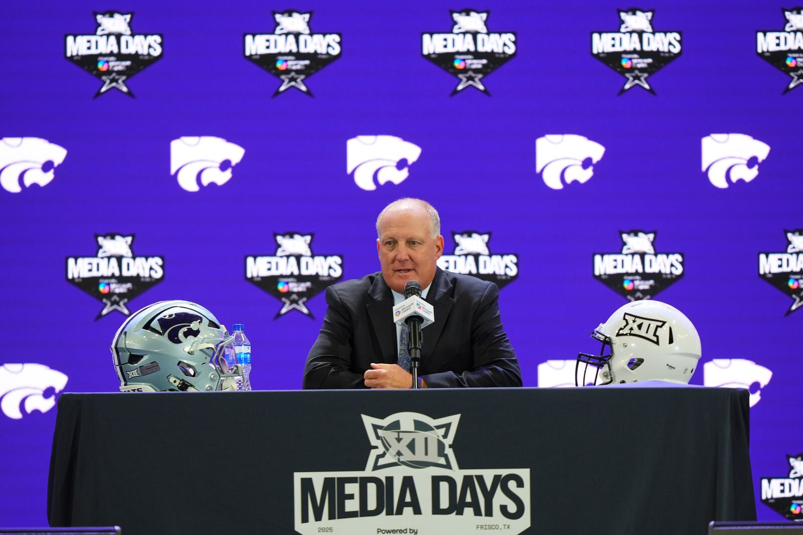Kansas State head coach Chris Klieman speaks during Big 12 NCAA college football media days in Frisco, Texas, Tuesday, July 8, 2025. (AP Photo/LM Otero)