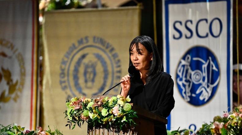 FILE - Nobel laureate in literature Han Kang speaks during the Nobel Banquet in City Hall in Stockholm, Dec. 10, 2024. (Christine Olsson/TT News Agency via AP, File)WLD