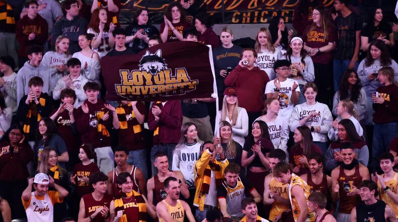 Fans in the Loyola Chicago student section cheer during a game against Dayton on Friday, Feb. 21, 2025, at Gentile Arena in Chicago. David Jablonski/Staff