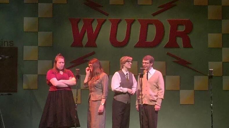 From left: Vicki Jablonski, Rachel Collinsworth, Mary Stoughton and Max Shafer appear in the University of Dayton’s production of the nostalgic “Live On Air: Three 1950s Radio Plays” slated April 21-23 in the Kennedy Union Boll Theatre. CONTRIBUTED