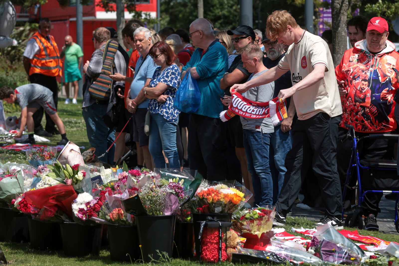 Football fans leave tributes in memory of Liverpool player Diogo Jota at Anfield Stadium, home of Liverpool FC in Liverpool, Thursday, July 3, 2025.(AP Photo/Ian Hodgson)