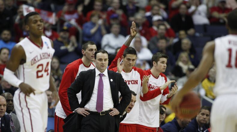 Coach Archie Miller watches as Dayton plays Providence in the second round of the NCAA tournament on Friday, March 20, 2015, at Nationwide Arena in Columbus. David Jablonski/Staff