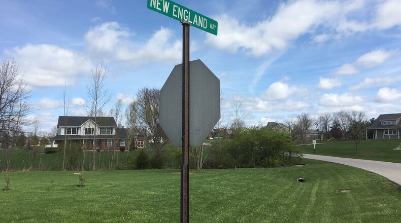 New England Way is across Greentree Road from the proposed Warren County Sports Park at Union Village. Residents are trying to convince the county to move it. STAFF PHOTO/LAWRENCE BUDD