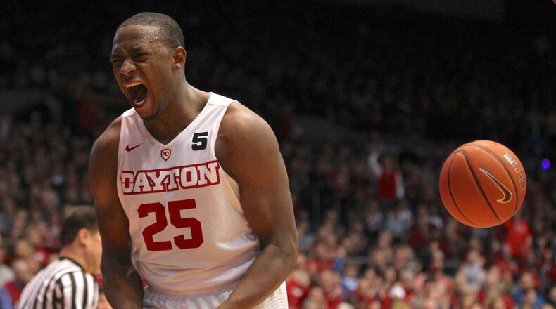 Dayton's Kendall Pollard reacts after scoring against Rhode Island on Jan. 6, 2017.