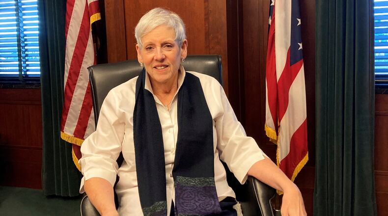 FILE - Ohio Chief Justice Maureen O'Connor is pictured in her chambers at the Ohio Supreme Court in Columbus, Ohio, on Dec. 15, 2022. The election contests of 2022 may have been held and decided, but Ohio’s political maps remain far from settled. What was supposed to be a once-per-decade process for redrawing the state’s U.S. House and Statehouse districts to reflect updated 2020 population figures now promises to extend into 2023, and probably longer. (AP Photo/Julie Carr Smyth, File)