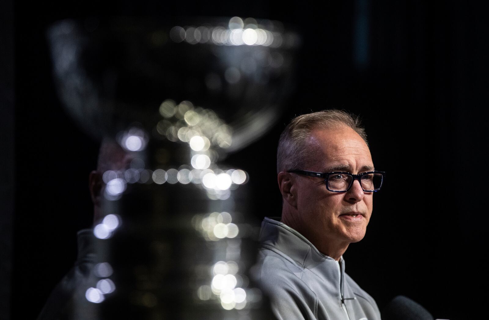 Florida Panthers' head coach Paul Maurice speak to media during a news conference, Tuesday, June 3, 2025, in Edmonton, Alberta, ahead of Game 1 of the NHL hockey Stanley Cup final series against the Edmonton Oilers. (Jason Franson/The Canadian Press via AP)