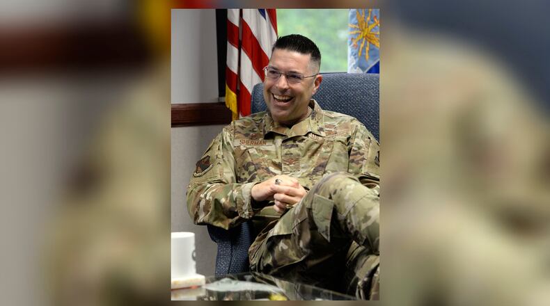 Col. Thomas P. Sherman, 88th Air Base Wing and installation commander, talks about his two years of experience at Wright-Patterson Air Force Base during an interview on May 26. Sherman will relinquish command of the 88th ABW to Col. Patrick G. Miller in a private change of command ceremony June 12 at 10 a.m. at the National Museum of the U.S. Air Force. Sherman has been selected to become the principal military assistant to the Deputy Secretary of Defense at the Pentagon. (U.S. Air Force photo/Ty Greenlees)