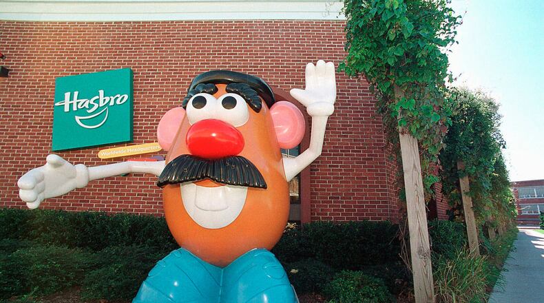 FILE - In this Oct. 12, 2000 file photo, a Mr. Potato Head statue stands outside the Hasbro, Inc. headquarters in Pawtucket, R.I. (AP Photo/Stew Milne, File)