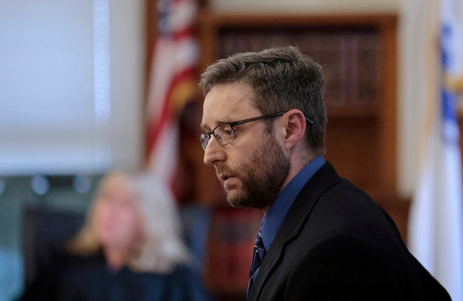Nicholas Bradford, with Bode Technology lab, leaves the stand after testifying in the retrial of Karen Read in the Norfolk Superior Court, Monday, May 19, 2025, in Dedham, Mass. (Pat Greenhouse/The Boston Globe via AP, Pool)