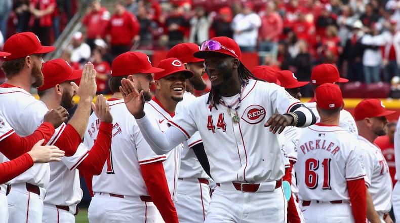 Elly De La Cruz is introduced on Opening Day before a Reds game against the Nationals on Thursday, March 28, 2024, at Great American Ball Park in Cincinnati. David Jablonski/Staff