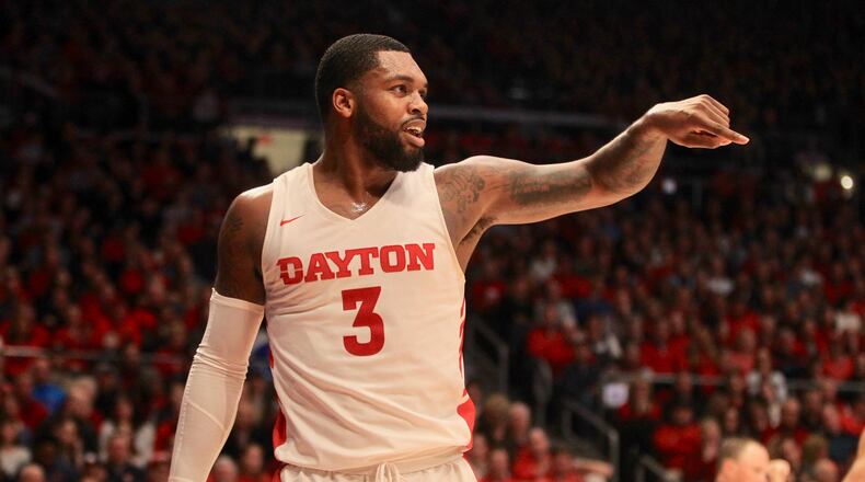 Dayton’s Trey Landers reacts after scoring and being fouled against Fordham on Saturday, Feb. 1, 2020, at UD Arena. David Jablonski/Staff