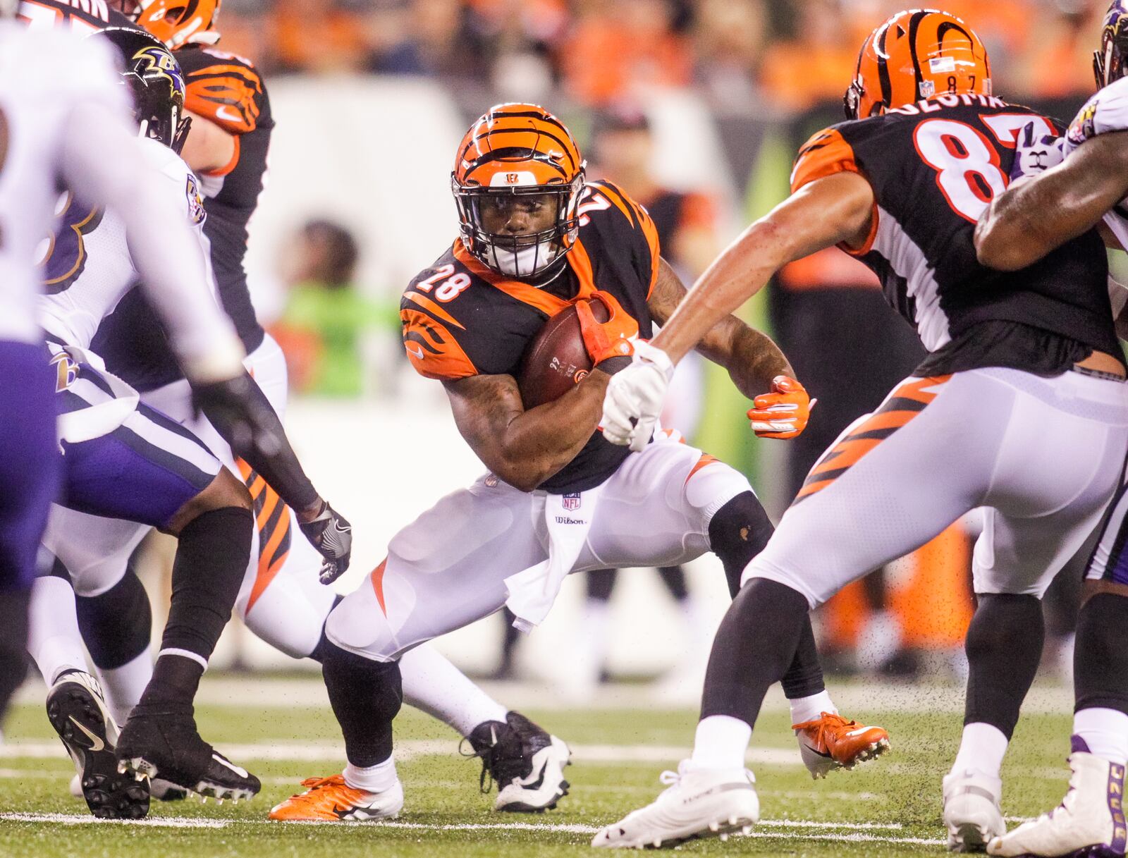 Cincinnati Bengals running back Joe Mixon carries the bll during their game against the Baltimore Ravens Thursday, Sept. 13 at Paul Brown Stadium in Cincinnati. The Cincinnati Bengals defeated the Baltimore Ravens 34-23. NICK GRAHAM/STAFF
