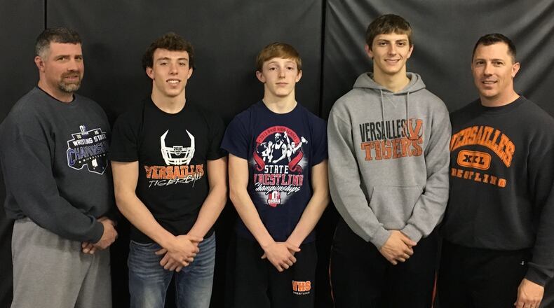 The Beys, from left to right: Versailles head coach AJ, Tanner, Cael, Jerome and assistant coach Jerry. CONTRIBUTED PHOTO