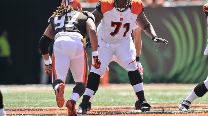 CINCINNATI, OH - SEPTEMBER 16: Andre Smith #71 of the Cincinnati Bengals blocks against the Cleveland Browns at Paul Brown Stadium on September 16, 2012 in Cincinnati, Ohio. (Photo by Jamie Sabau/Getty Images)