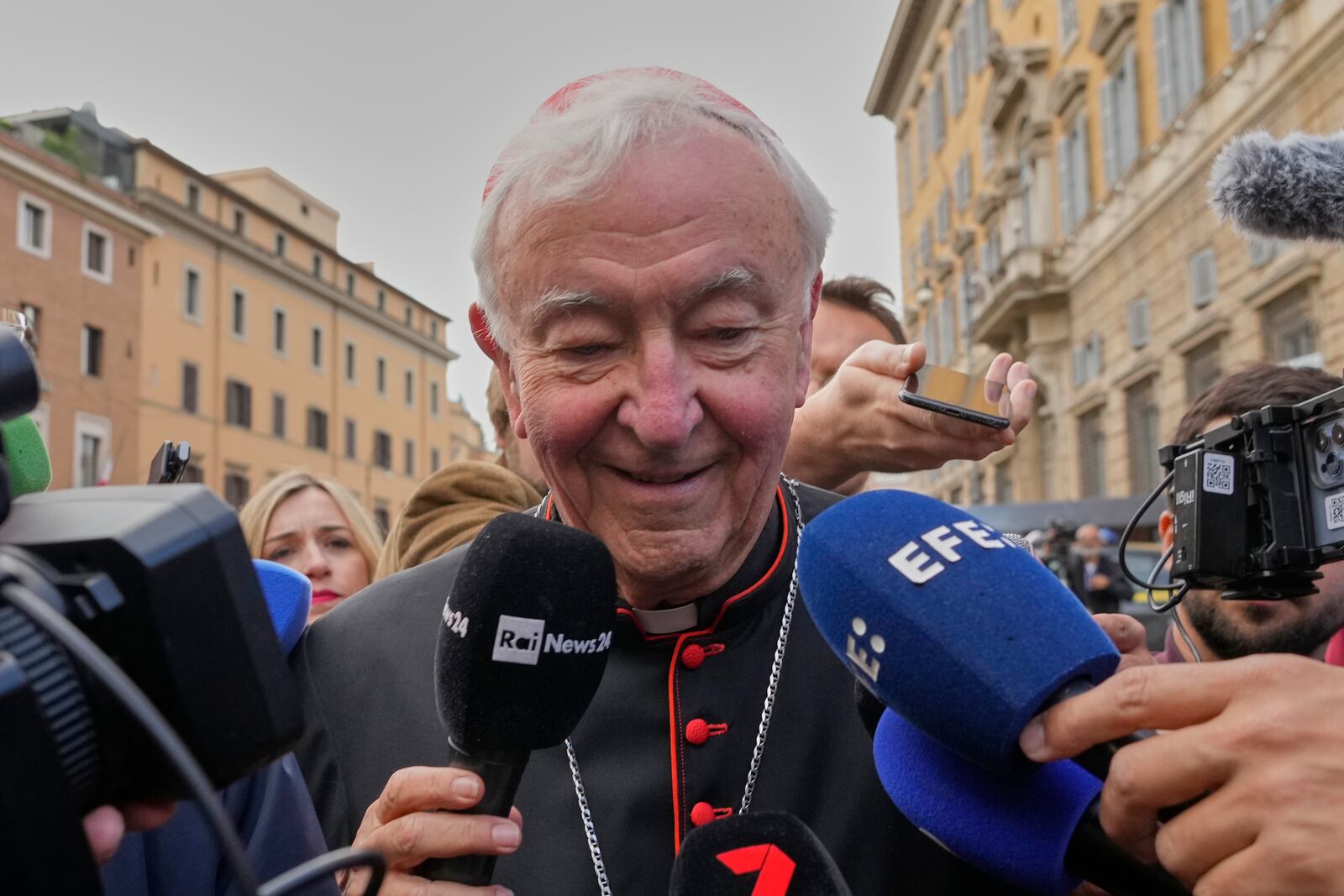 British Cardinal Vincent Nichols is approached by reporters as he arrives for a college of cardinals' meeting, at the Vatican, Monday, April 28, 2025. (AP Photo/Gregorio Borgia)
