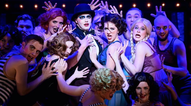 Center: Anderson Rothwell (Emcee) and Kendra Lodewyk (Sally Bowles) lead the cast of Wright State University's production of "Cabaret" in "Willkommen." PHOTO BY ERIN PENCE