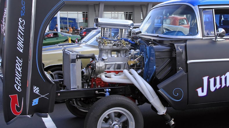 Monte Willis’ 1957 Chevy station wagon gasser features 396 Chevy engine with 2 4-barrel cars and high rise manifold. He plans to run this at the drag strip later this summer. © 2107 Photograph by Skip Peterson