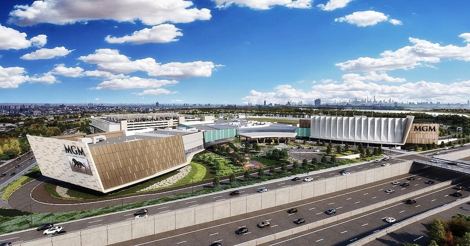 This image rendering, from MGM Resorts International, shows the MGM Resorts proposal of a $2.3-billion expansion of the Empire City Casino at Yonkers Raceway, in Yonkers, NY. (Resorts World New York City/Perkins Eastman via AP)