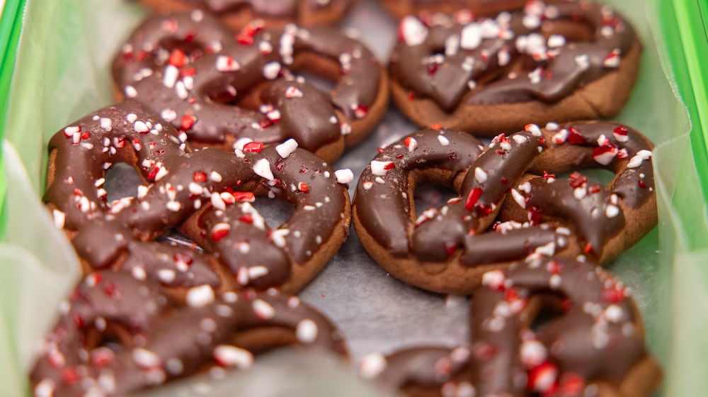 Local bakers submitted 39 batches of cookies in the 2025 Dayton Daily News Holiday Cookie Contest. Pictured are Chocolate Peppermint Pretzels submitted by Karen Berry of Centerville. BRYANT BILLING/STAFF