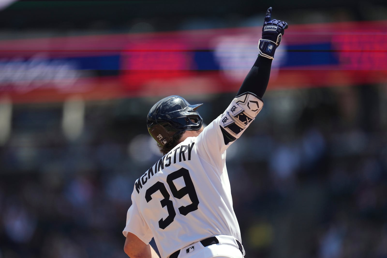 Detroit Tigers' Zach McKinstry reacts to his two-run home run against the Cleveland Guardians in the fourth inning during a baseball game, Sunday, May 25, 2025, in Detroit. (AP Photo/Paul Sancya)