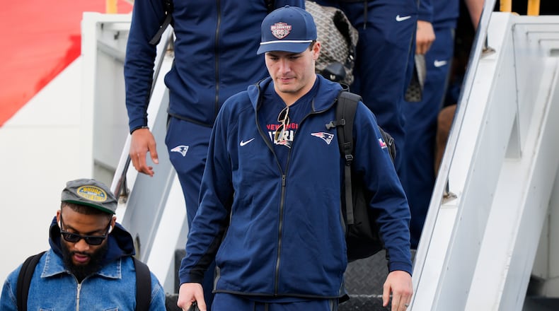 New England Patriots quarterback Drake Maye arrives, Sunday, Feb. 1, 2026, in San Jose, Calif. ahead of the Super Bowl 60 football game between the New England Patriots and the Seattle Seahawks. (AP Photo/Brynn Anderson)