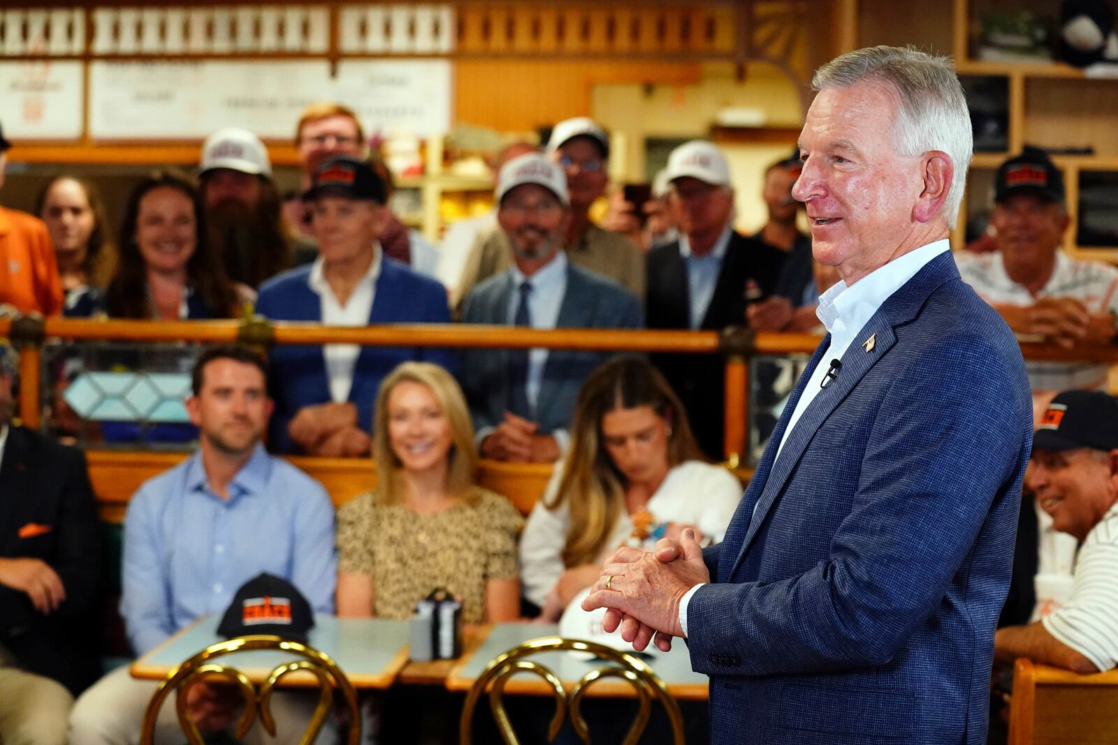 U.S. Sen. Tommy Tuberville, R-Ala., speaks to supporters about plans to run for the governor of Alabama in 2026, Tuesday May 27, 2025 at Byron's Smokehouse in Auburn, Ala. (AP Photo/ John David Mercer)