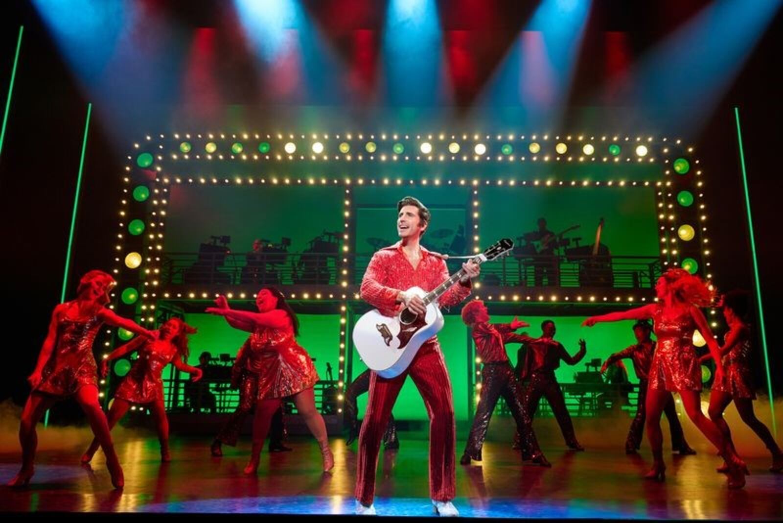 Nick Fradiani as Neil - Then (center) with The Noise and the Band in "A Beautiful Noise: The Neil Diamond Musical." Photo credit: Jeremy Daniel