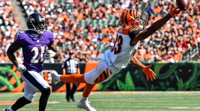 The Cincinnati Bengals wide receiver Tyler Boyd tries to make a diving catch during their 20-0 loss to the Baltimore Ravens Sunday, Sept. 10 at Paul Brown Stadium in Cincinnati. NICK GRAHAM/STAFF