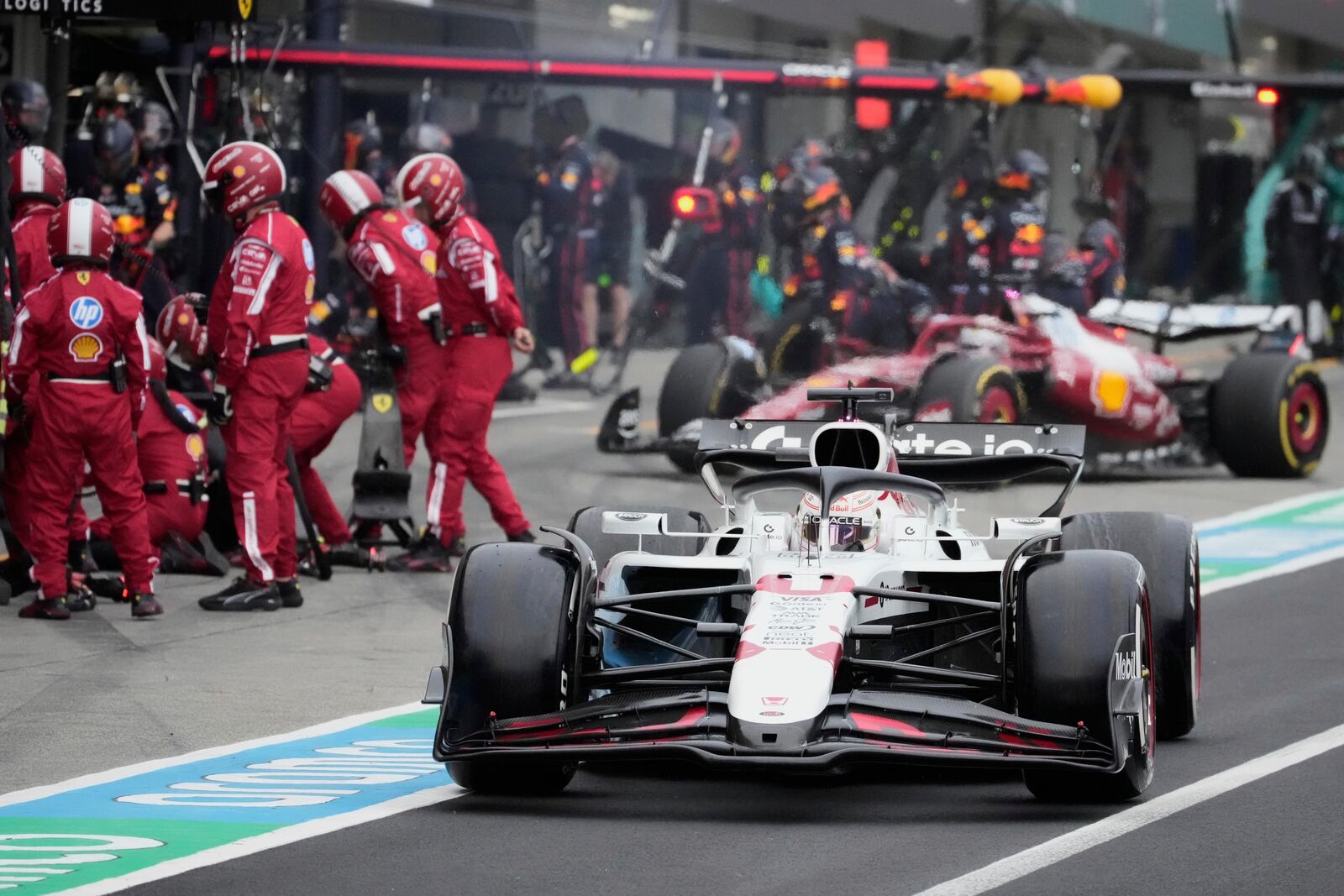 Red Bull driver Max Verstappen of the Netherlands gets a pit service during the Japanese Formula One Grand Prix race at the Suzuka Circuit in Suzuka, central Japan, Sunday, April 6, 2025. (AP Photo/Shuji Kajiyama, Pool)