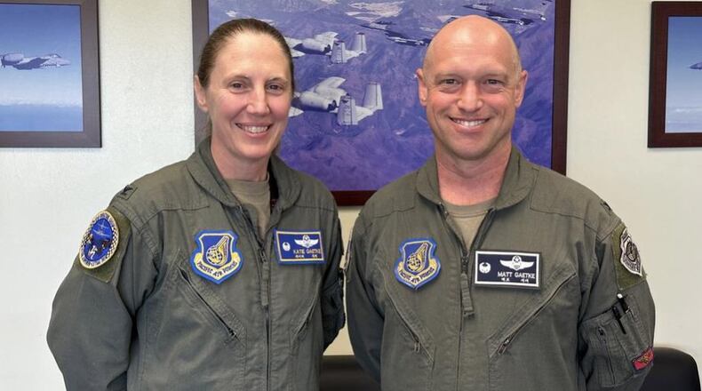 Air Force Col. Kathryn Gaetke poses alongside her husband, Col. Matthew Gaetke, at Osan Air Base, South Korea, July 27, 2023. (David Choi/Stars and Stripes)