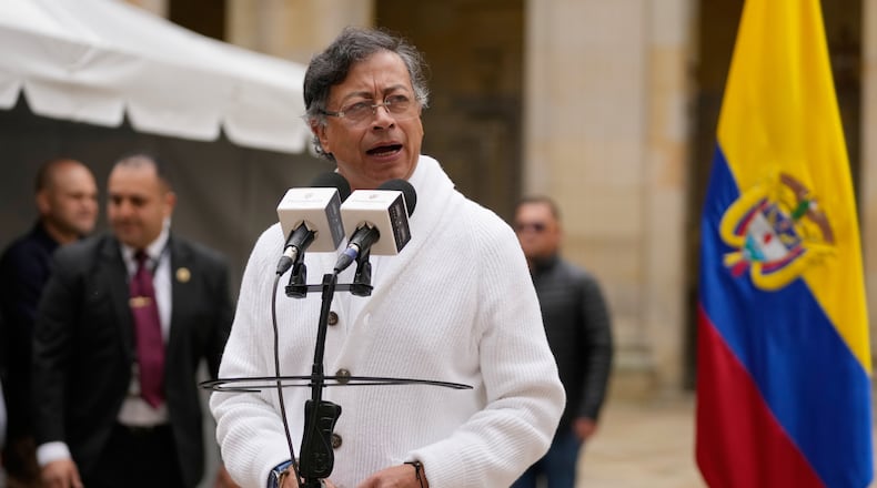 Colombia's President Gustavo Petro speaks after voting during legislative elections in Bogota, Colombia, Sunday, March 8, 2026. (AP Photo/Fernando Vergara)