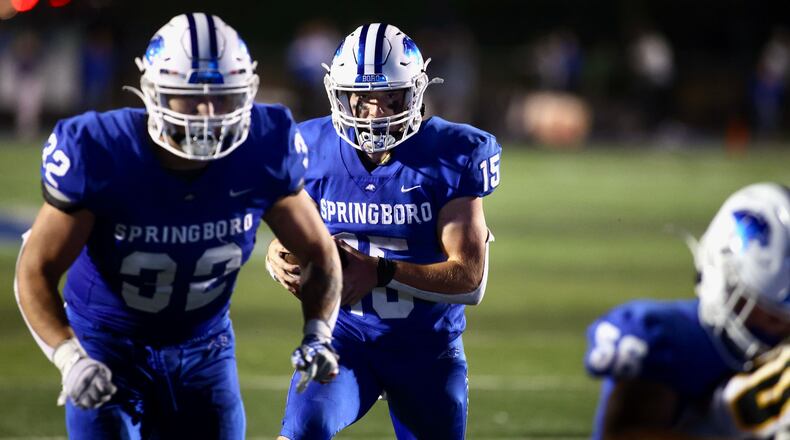 Springboro's Evan Ruzzo runs against Centerville on Friday, Sept. 23, 2022, at CareFlight Field in Springboro. The Panthers beat Oak Hills on Friday night in their playoff opener. David Jablonski/Staff