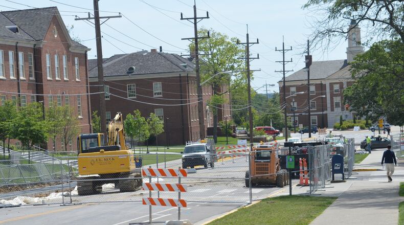 Work underway at the intersection of Spring and Maple streets will soon have a three-way stop there and a “raised table” built into it to force traffic moving through the area to slow down. CONTRIBUTED/BOB RATTERMAN