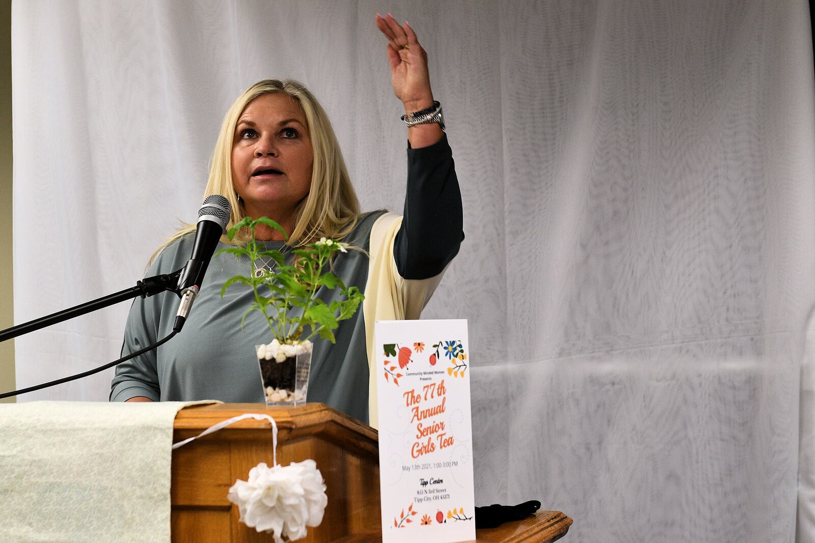 Former teacher Heidi Silvers talks during the annual Senior Girls Tea in Tipp City on May 13. CONTRIBUTED
