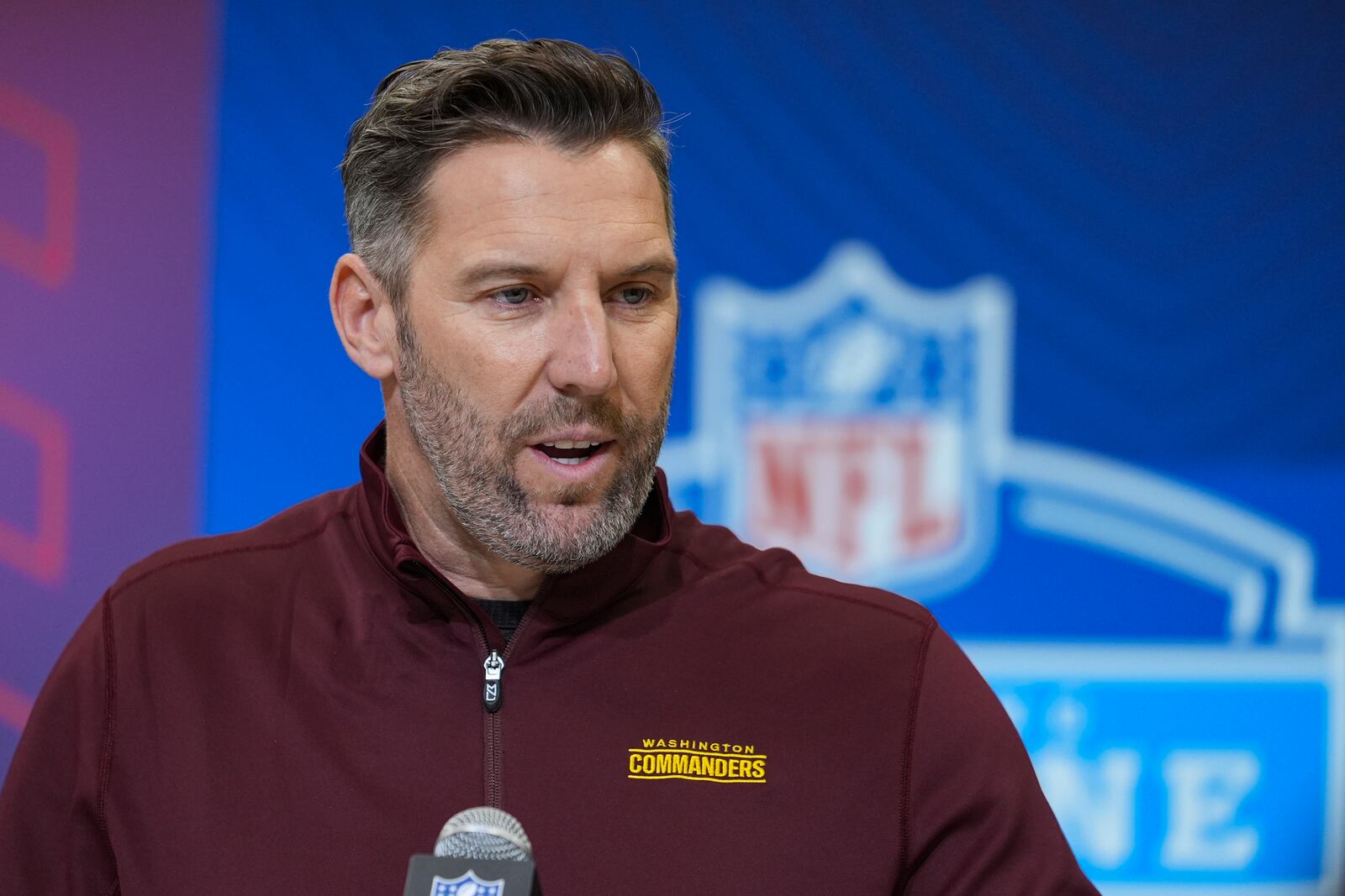 FILE - Washington Commanders general manager Adam Peters speaks during a press conference at the NFL football scouting combine in Indianapolis, Tuesday, Feb. 25, 2025. (AP Photo/Michael Conroy, file)