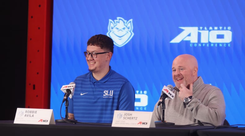 Robbie Avila, left, and Josh Schertz, of Saint Louis, speak at Atlantic 10 Conference Media Day on Monday, Oct. 7, 2024, at District E next to Capital One Arena in Washington, D.C. David Jablonski/Staff
