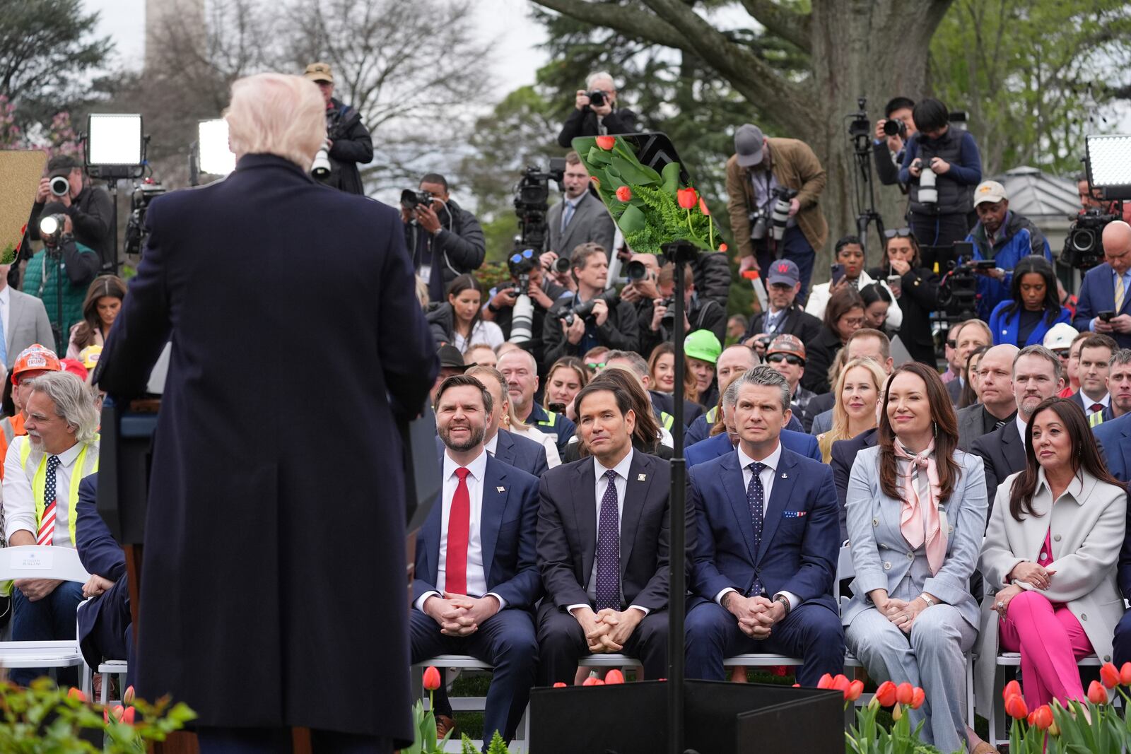 Vice President JD Vance, Secretary of State Marco Rubio, Defense Secretary Pete Hegseth listen President Donald Trump speaks during an event to announce new tariffs in the Rose Garden of the White House, Wednesday, April 2, 2025, in Washington. (AP Photo/Evan Vucci)