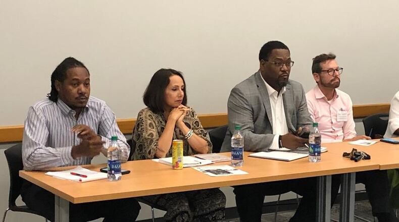 Dayton school board candidates answer questions at a September 2019 public forum. From left are Will Smith, Gabriela Pickett, Dion Sampson and Joe Lacey. JEREMY P. KELLEY / STAFF