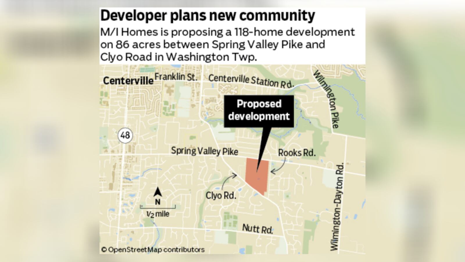 M/I Homes is proposing a 118-home development on 86 acres between Spring Valley Pike and Clyo Road in Washington Twp.