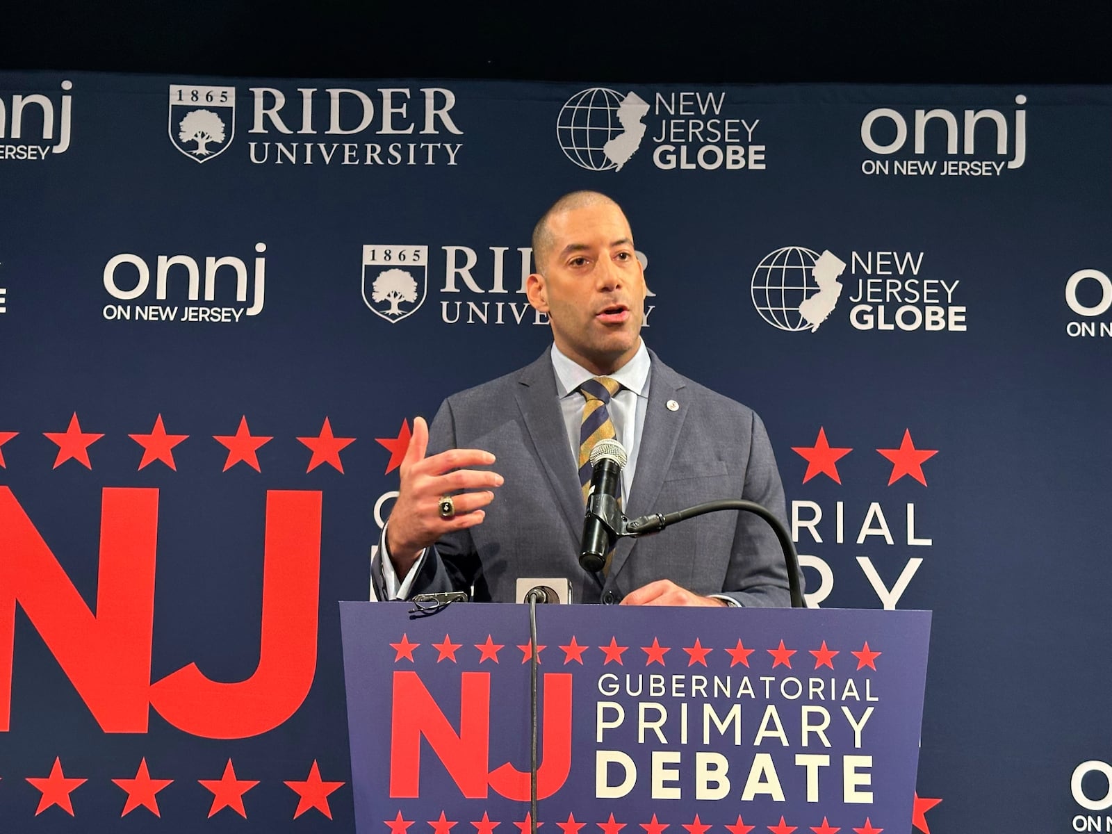 FILE - Sean Spiller, head of the teachers union New Jersey Education Association, speaks after the Democratic gubernatorial debate at Rider University on Feb. 2, 2025, in Lawrenceville, N.J. (AP Photo/Mike Catalini, File)