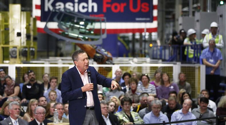Gov. John Kasich campaigned for his Presidential bid town hall style at the Fuyao Glass factory in Moraine on Friday. TY GREENLEES / STAFF