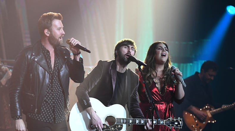 LAS VEGAS, NEVADA - FEBRUARY 08:  (L-R) Recording artists Charles Kelley, Dave Haywood and Hillary Scott of Lady Antebellum perform as the band kicks off its 15-show residency "Our Kind of Vegas" at The Pearl concert theater at Palms Casino Resort on February 8, 2019 in Las Vegas, Nevada.  (Photo by Ethan Miller/Getty Images)