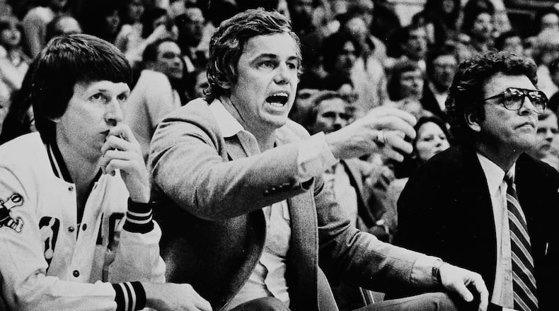 FILE - Denver Nuggets head coach Doug Moe, center, directs his team from the bench during an NBA basketball game against the Phoenix Suns on April 21, 1982, in Denver. (AP Photo/JC, File)