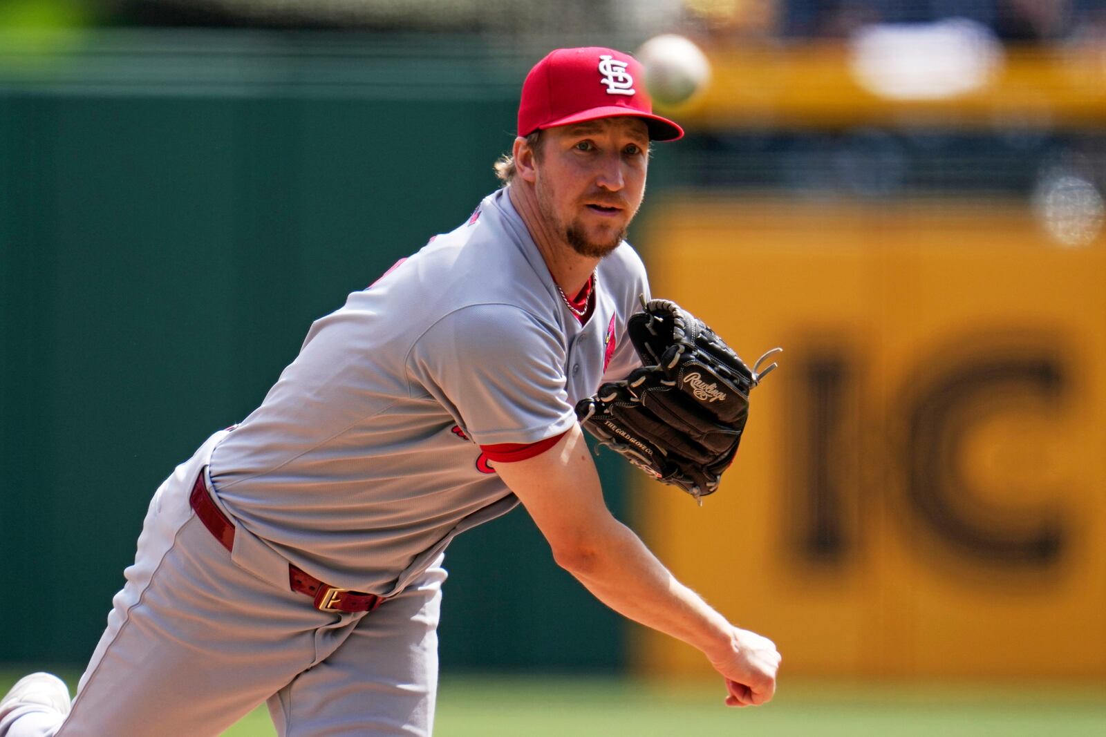St. Louis Cardinals pitcher Erick Fedde delivers during the first inning of a baseball game against the Pittsburgh Pirates in Pittsburgh, Wednesday, April 9, 2025. (AP Photo/Gene J. Puskar)