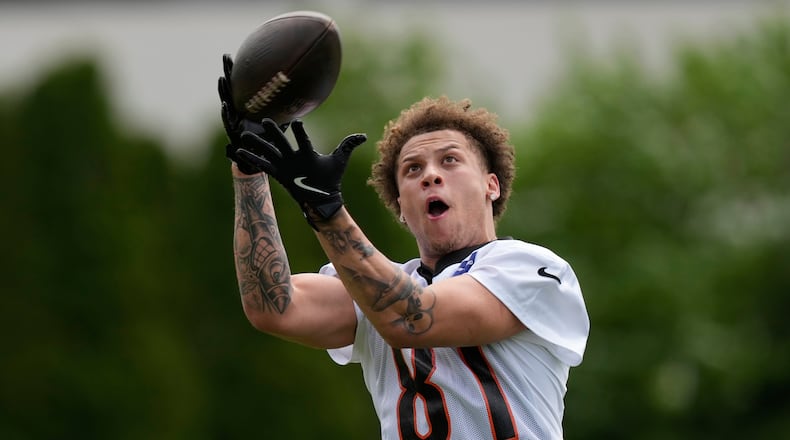 Cincinnati Bengals wide receiver Jermaine Burton catches a pass during NFL football practice on Tuesday, May 6, 2025, in Cincinnati. (AP Photo/Carolyn Kaster)