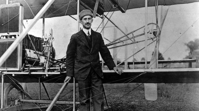 Orville Wright poses in front of a 1912 model C machine at Simms Station. This was one of the first 5 machines ordered by the Army.