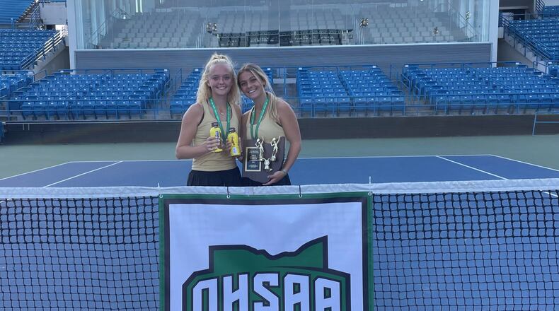 Centerville's Clara Owen (left) and Caroline Hinshaw won their second striaght Division I doubles title Saturday at the Lindner Family Tennis Center in Mason. OHSAA photo