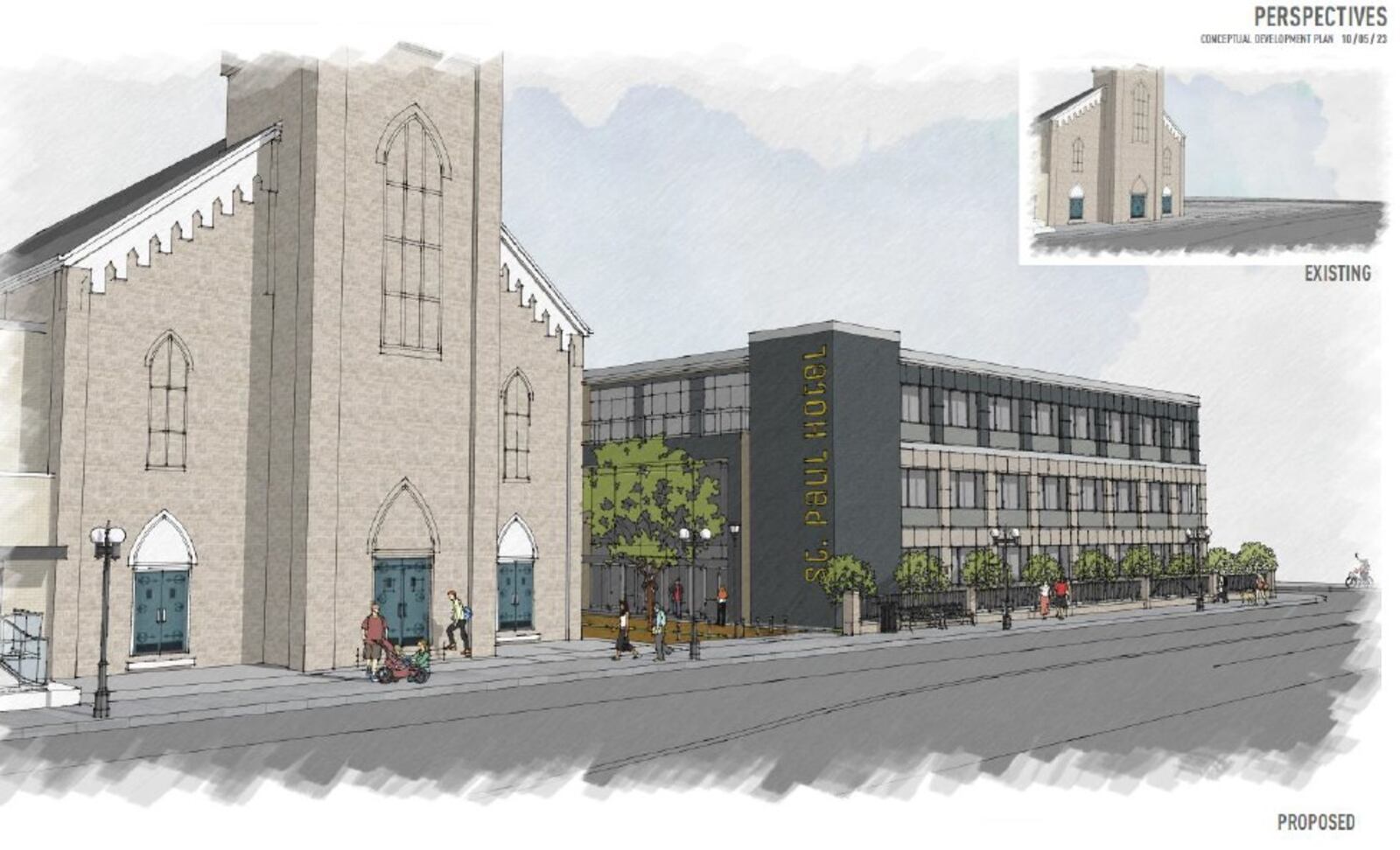 A proposed rendering of a new three-story boutique hotel building on Wayne Avenue, just north of St. Paul church and parish. A developer hopes to turn the parish and church into new uses, including hotel rooms, event space and a restaurant. CONTRIBUED